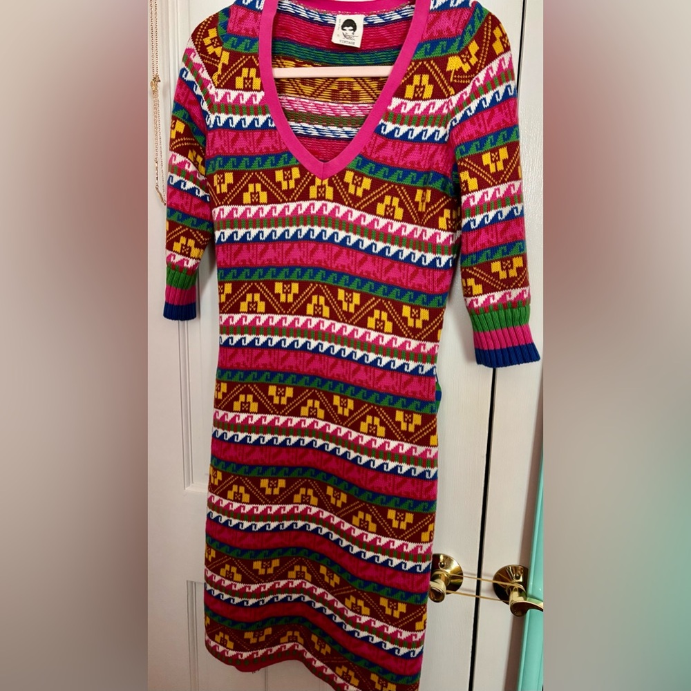 Rare  Vintage Betsey Johnson Vibrant Multicolor Cotton Sweater Dress L